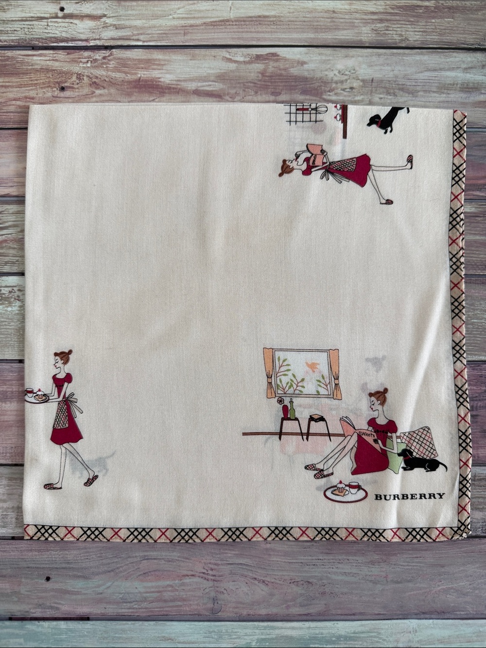 Burberry Cream Cotton handkerchief with Pink and Red Illustration